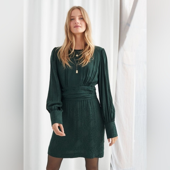 & Other Stories Gathers Long Sleeves Floral Jacquard Mini Dress Size 4 - Picture 1 of 14